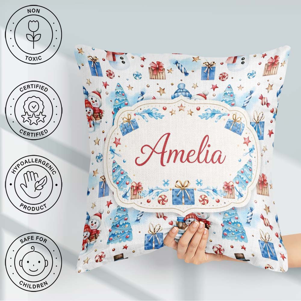 Custom Name Snowman Christmas Gifts Candy Winter Seamless Design Square Filled Cushion Throw Pillow Sofa Bed Home Decor Zip Washable UK Made