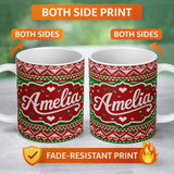 Personalized Custom Name Cute Red Green Classic Nordic Stripe Christmas Knitted Seamless 11oz Ceramic Coffee Tea Mug White Large Handle