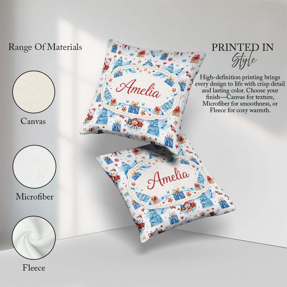 Custom Name Snowman Christmas Gifts Candy Winter Seamless Design Square Filled Cushion Throw Pillow Sofa Bed Home Decor Zip Washable UK Made