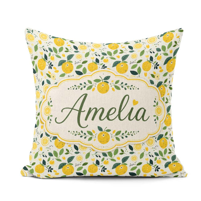 Custom Name Fresh Lemon Citrus Pattern with Leaves Sliced Design Square Filled Cushion Throw Pillow Sofa Bed Home Decor Zip Washable UK Made