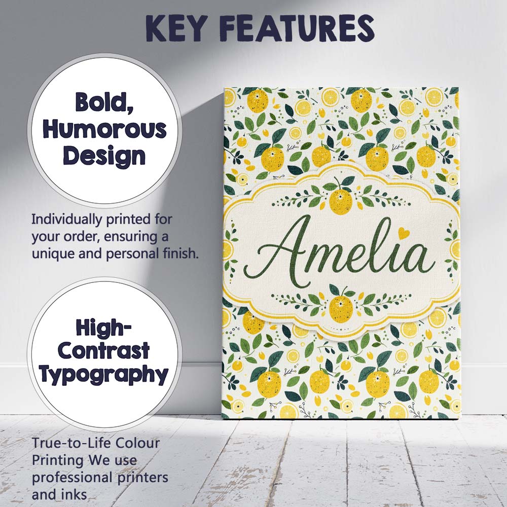 Personalised Name Fresh Lemon Citrus Custom Premium Decorative Design Modern Room Accent Canvas Wall Art Print Decor Picture Ready to Hang