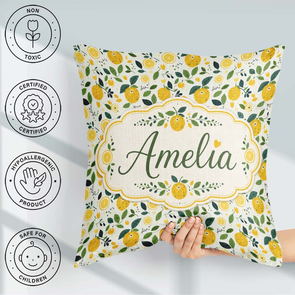 Custom Name Fresh Lemon Citrus Pattern with Leaves Sliced Design Square Filled Cushion Throw Pillow Sofa Bed Home Decor Zip Washable UK Made