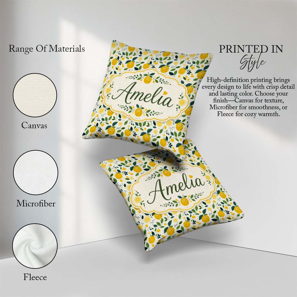 Custom Name Fresh Lemon Citrus Pattern with Leaves Sliced Design Square Filled Cushion Throw Pillow Sofa Bed Home Decor Zip Washable UK Made