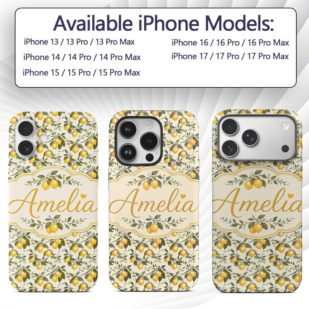 Classic Lemon Branch Pattern with Blossoms on Custom Name Protective Phone Case Mobile Cover Durable Everyday Smartphone Shock Resistant