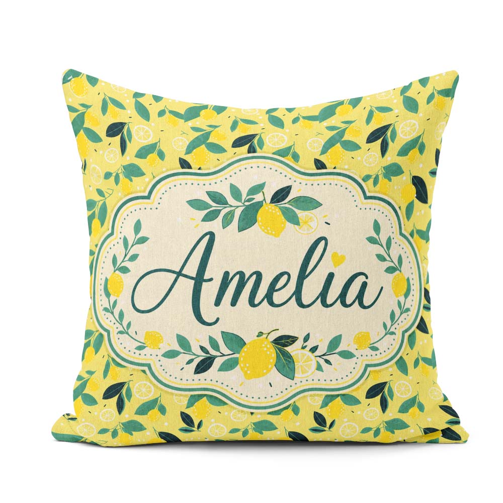 Custom Name Bright Lemon and Leaf Pattern with Flat Illustration Square Filled Cushion Throw Pillow Sofa Bed Home Decor Zip Washable UK Made