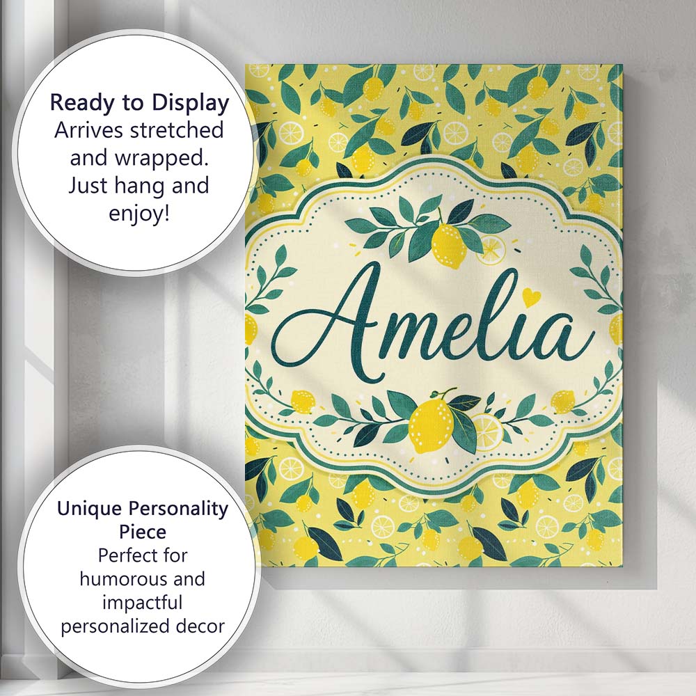 Personalised Name Bright Yellow Lemon and Custom  Unique Gift Idea Elegant Feature Canvas Wall Art Print Decor Picture Ready to Hang