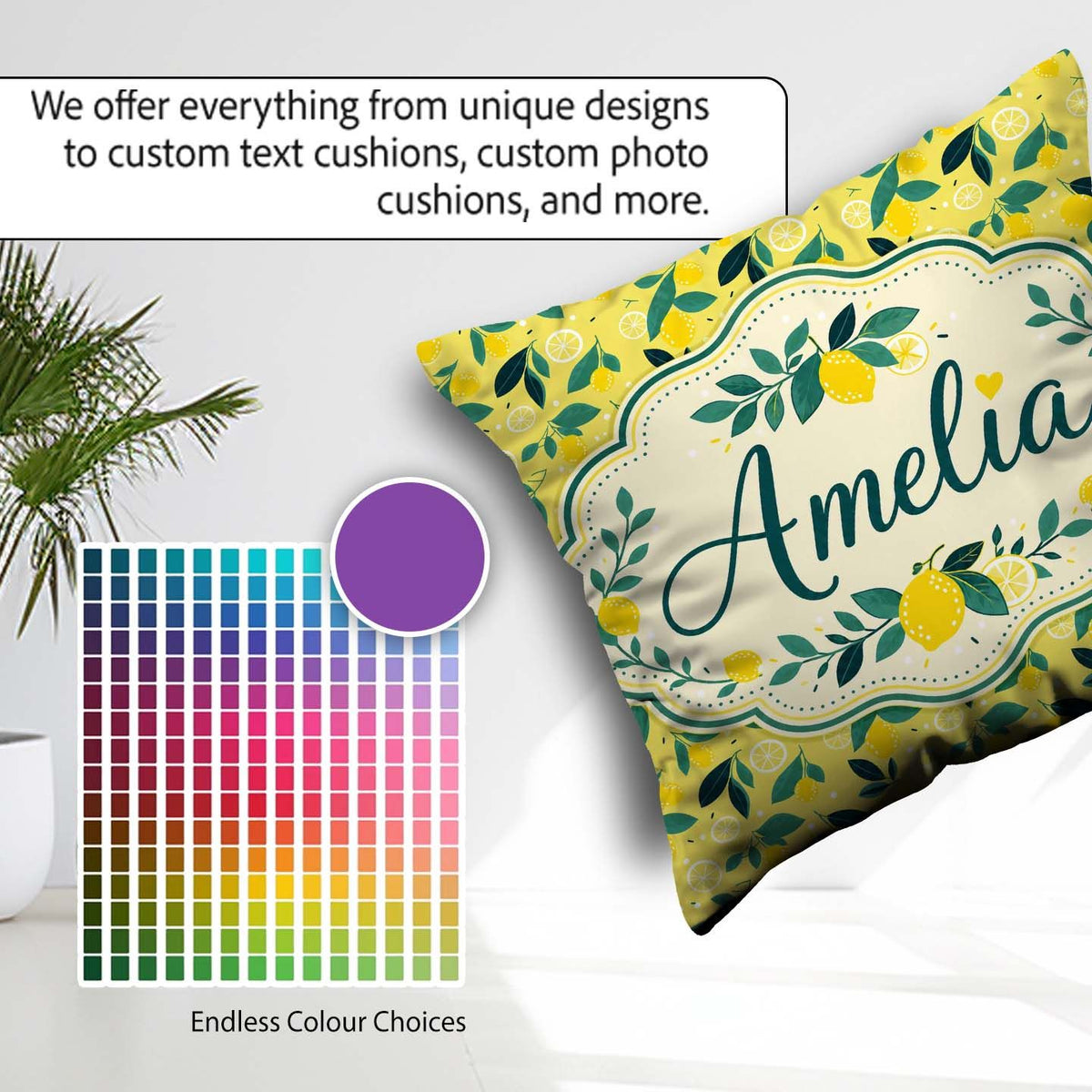 Custom Name Bright Lemon and Leaf Pattern with Flat Illustration Square Filled Cushion Throw Pillow Sofa Bed Home Decor Zip Washable UK Made
