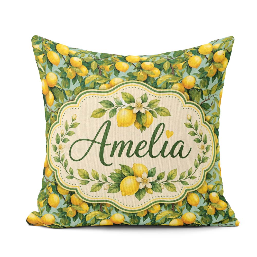 Custom Name Realistic Lemon Tree Pattern with Ripe Fruit Foliage Square Filled Cushion Throw Pillow Sofa Bed Home Decor Zip Washable UK Made