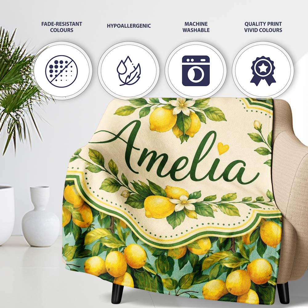Realistic Lemon Tree Branch Pattern with Ripe Fruit and Foliage  Personalised Custom Name Super Soft Fleece Blanket Bed Sofa Throw