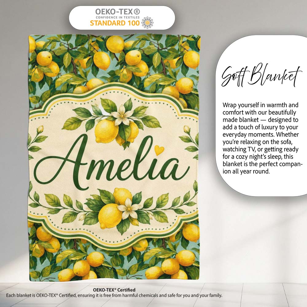 Realistic Lemon Tree Branch Pattern with Ripe Fruit and Foliage  Personalised Custom Name Super Soft Fleece Blanket Bed Sofa Throw