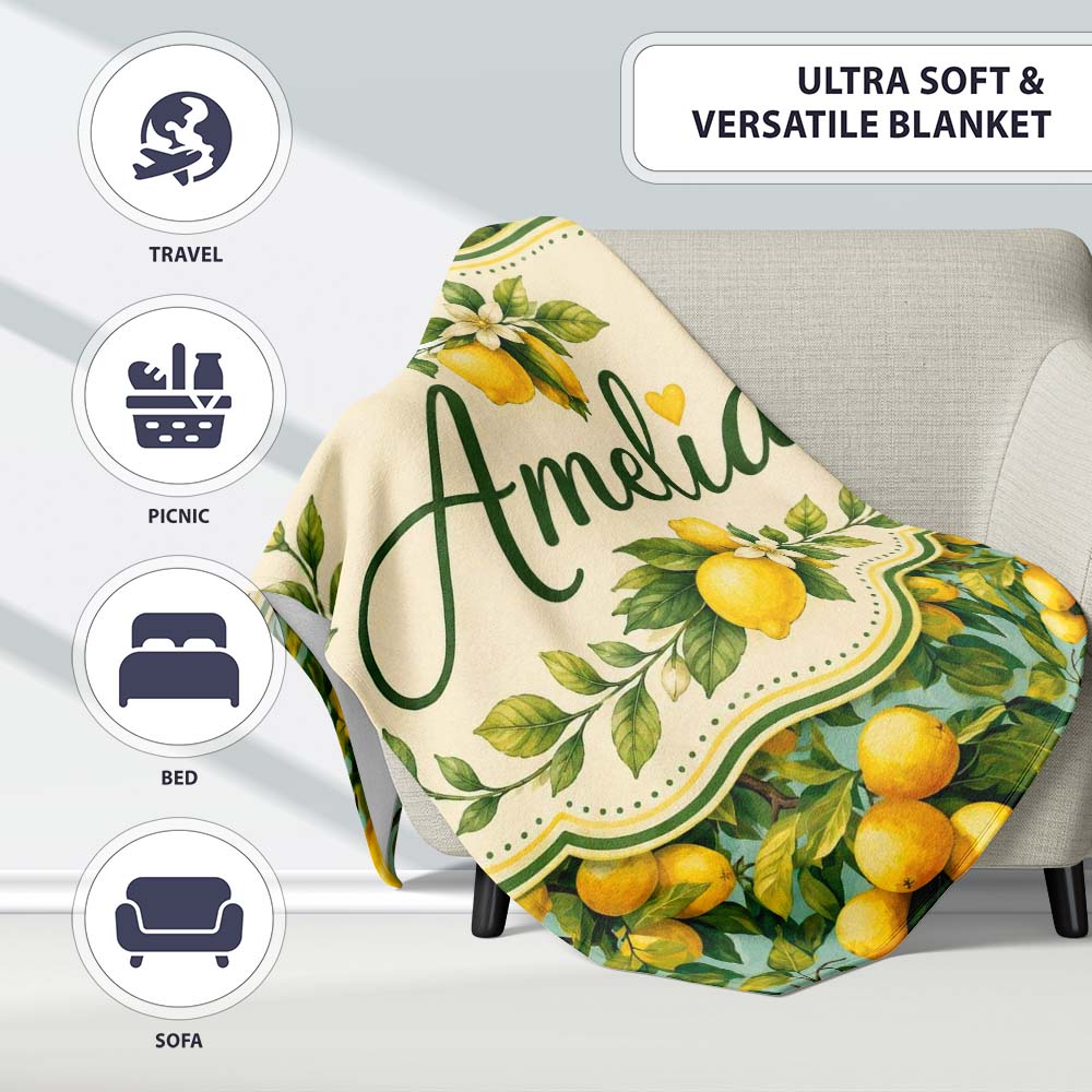 Realistic Lemon Tree Branch Pattern with Ripe Fruit and Foliage  Personalised Custom Name Super Soft Fleece Blanket Bed Sofa Throw