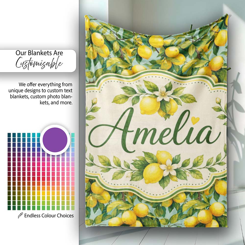 Realistic Lemon Tree Branch Pattern with Ripe Fruit and Foliage  Personalised Custom Name Super Soft Fleece Blanket Bed Sofa Throw