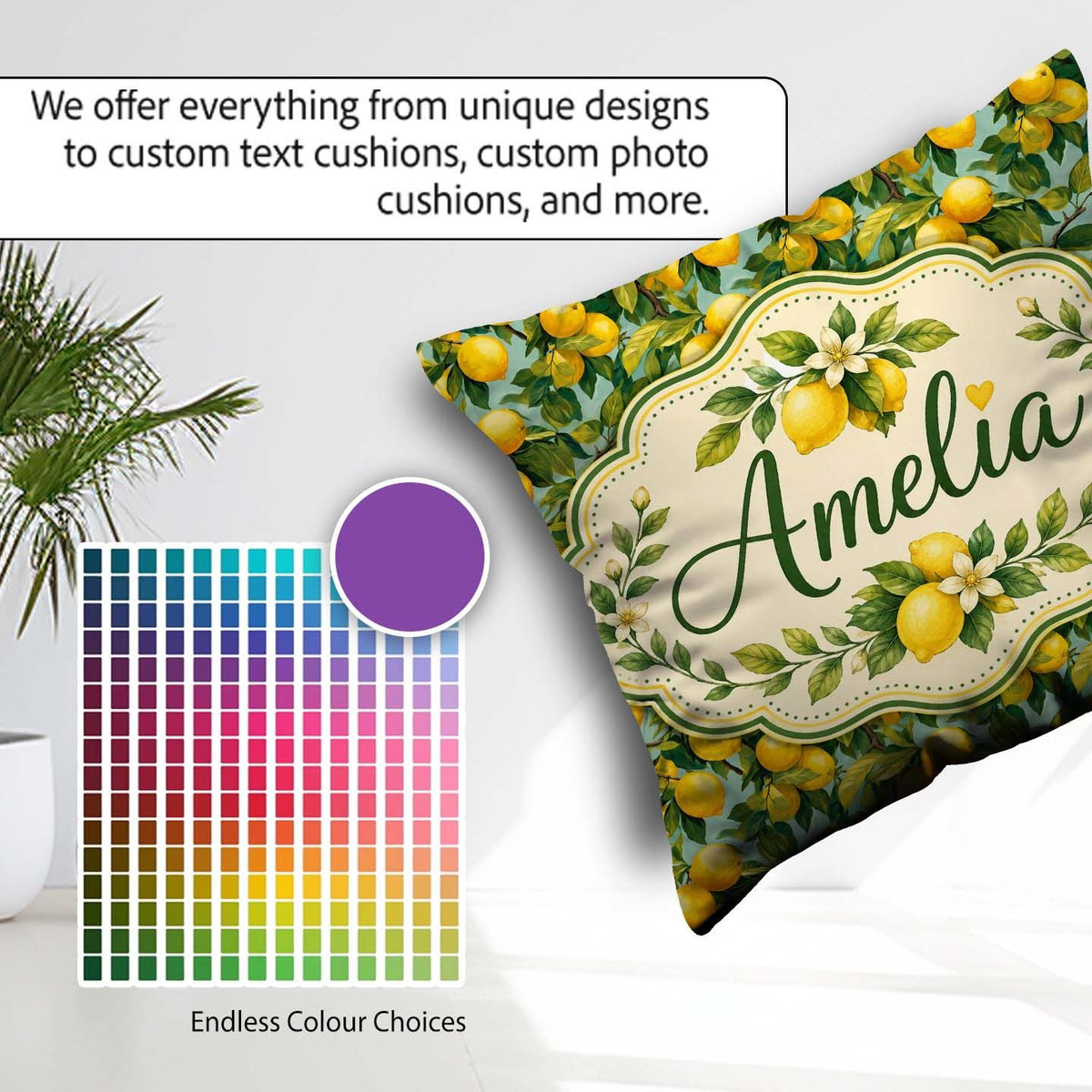 Custom Name Realistic Lemon Tree Pattern with Ripe Fruit Foliage Square Filled Cushion Throw Pillow Sofa Bed Home Decor Zip Washable UK Made