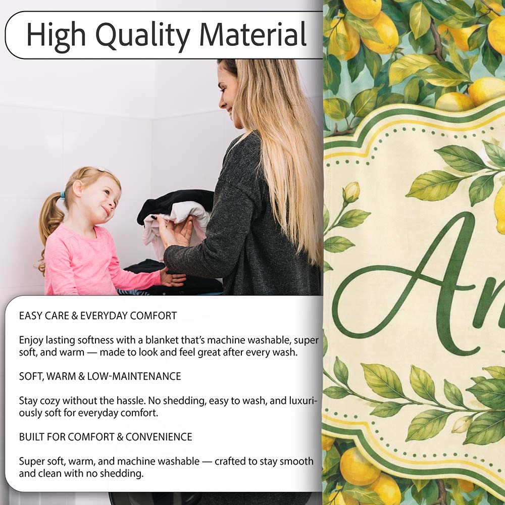 Realistic Lemon Tree Branch Pattern with Ripe Fruit and Foliage  Personalised Custom Name Super Soft Fleece Blanket Bed Sofa Throw