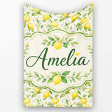 Soft Watercolour Lemons and Blossoms Botanical Seamless Pattern  Personalised Custom Name Super Soft Fleece Blanket Bed Sofa Throw