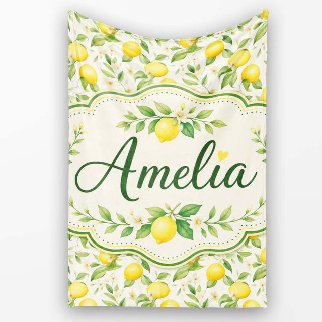 Soft Watercolour Lemons and Blossoms Botanical Seamless Pattern  Personalised Custom Name Super Soft Fleece Blanket Bed Sofa Throw