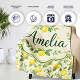Soft Watercolour Lemons and Blossoms Botanical Seamless Pattern  Personalised Custom Name Super Soft Fleece Blanket Bed Sofa Throw