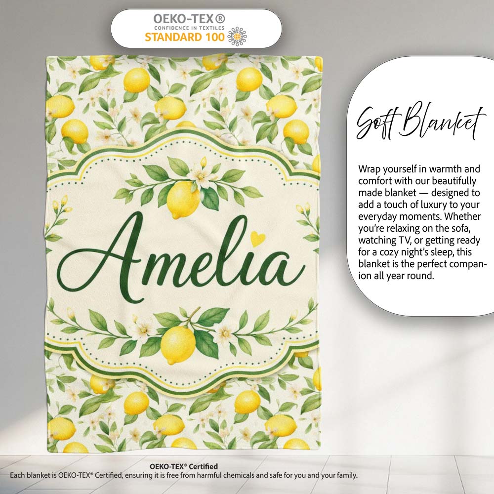 Soft Watercolour Lemons and Blossoms Botanical Seamless Pattern  Personalised Custom Name Super Soft Fleece Blanket Bed Sofa Throw