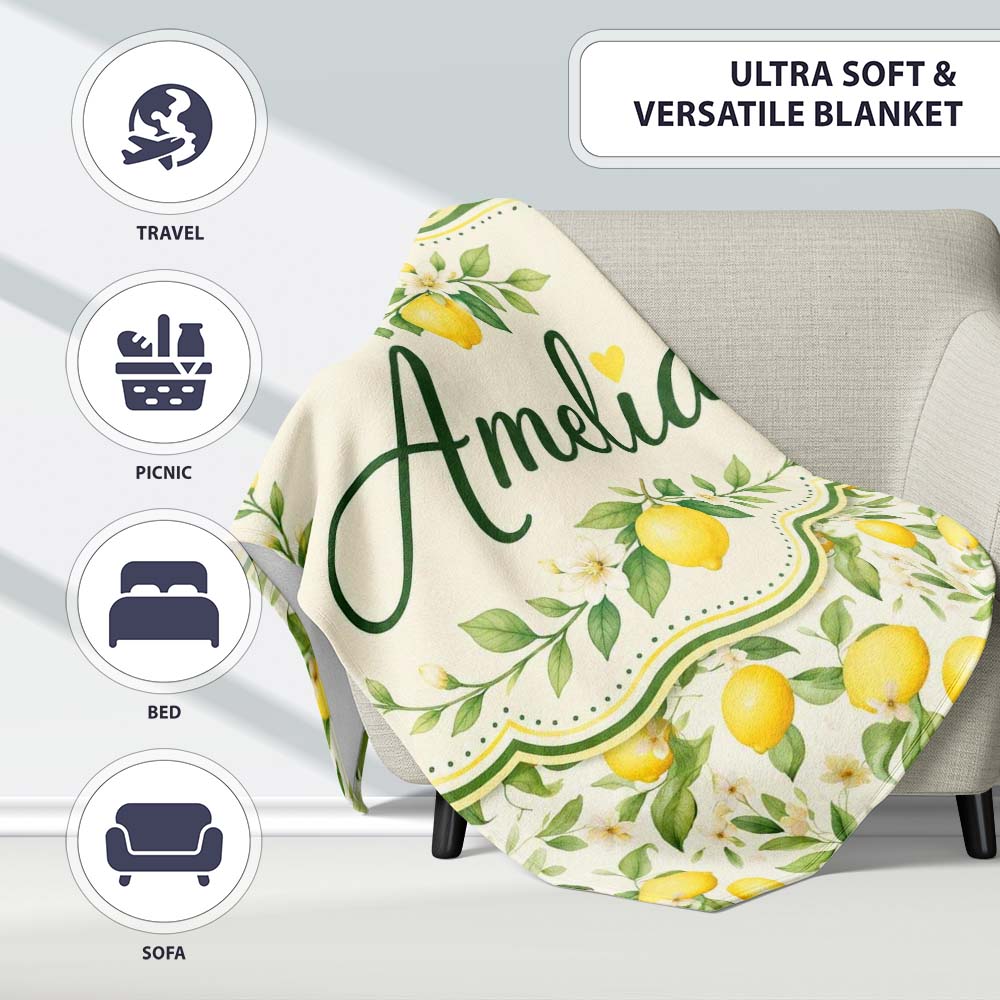 Soft Watercolour Lemons and Blossoms Botanical Seamless Pattern  Personalised Custom Name Super Soft Fleece Blanket Bed Sofa Throw