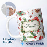 Personalized Custom Name Festive Pine Cone Candy Cane Snowflake Christmas Seamless Pattern 11oz Ceramic Coffee Tea Mug White Large Handle
