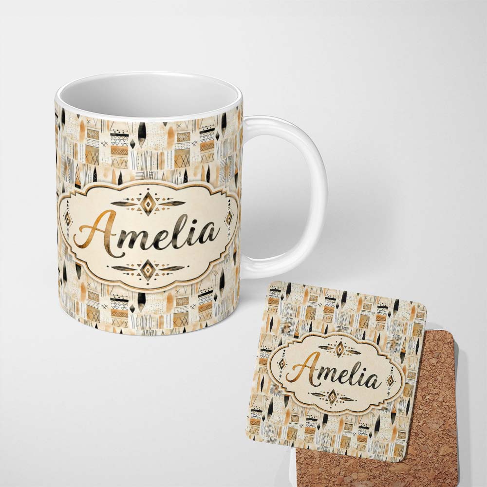 Personalized Custom Name Neutral Tribal Geometric Shapes Earth Tone Watercolor Seamless 11oz Ceramic Coffee Tea Mug White Large Handle