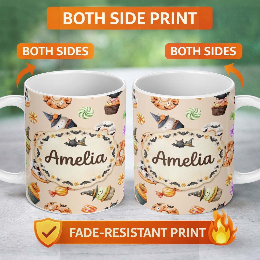 Personalized Custom Name Cute Halloween Donuts Cupcakes Bats Candy and Pumpkins Beige Lovely 11oz Ceramic Coffee Tea Mug White Large Handle