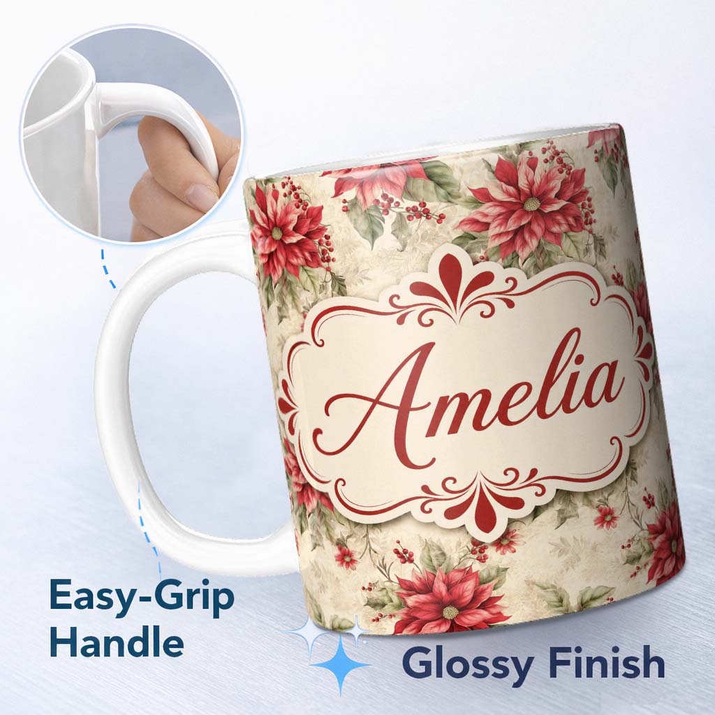 Personalized Custom Name Botanical Poinsettia and Foliage Christmas Garden Seamless Pattern 11oz Ceramic Coffee Tea Mug White Large Handle
