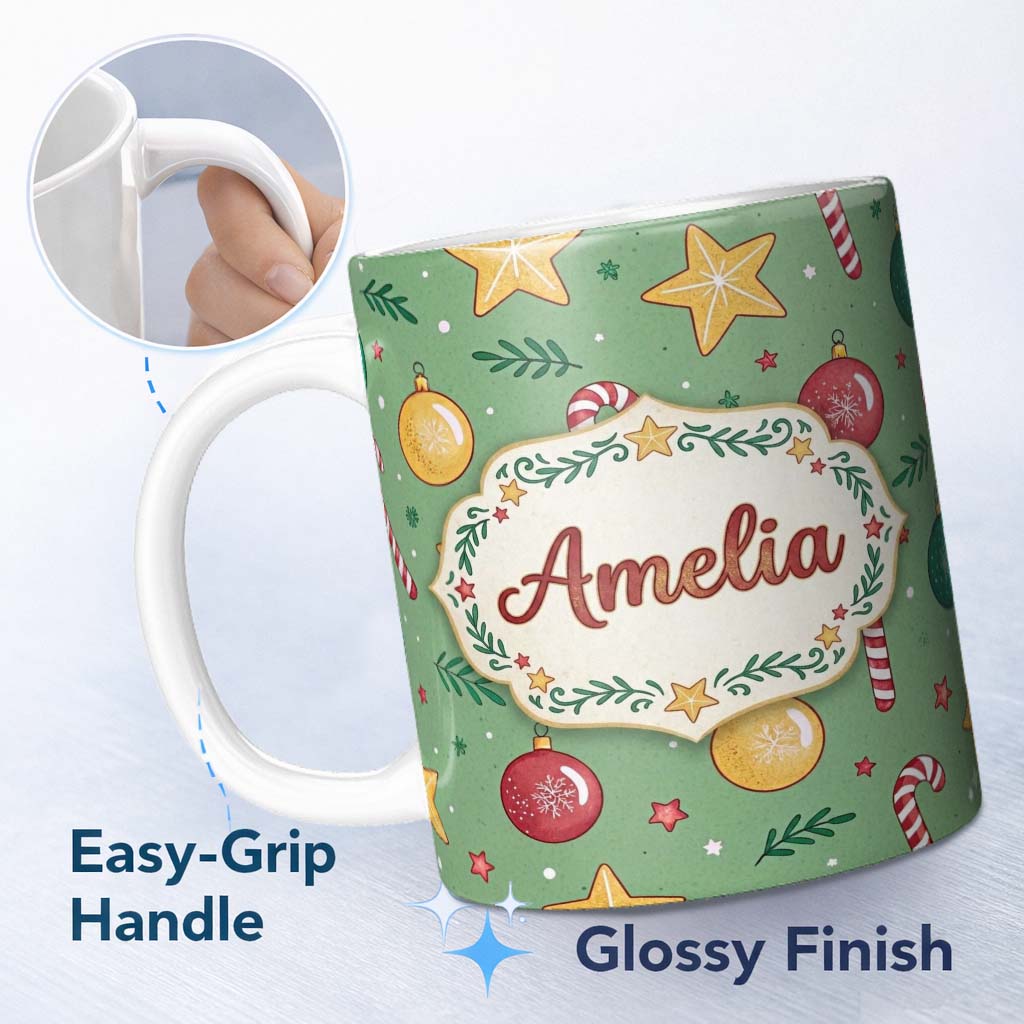 Personalized Custom Name Christmas Candy Cane Baubles Stars Green Festive Seamless Pattern 11oz Ceramic Coffee Tea Mug White Large Handle