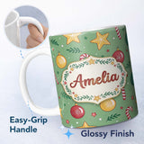 Personalized Custom Name Christmas Candy Cane Baubles Stars Green Festive Seamless Pattern 11oz Ceramic Coffee Tea Mug White Large Handle