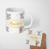 Personalized Custom Name Cute Baby Koala Bears with Yellow Stars on Light Grey Background 11oz Ceramic Coffee Tea Mug White Large Handle