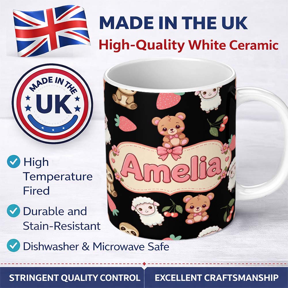 Personalized Custom Name Cute Bear Sloth Lamb Cherry Strawberry Seamless Pattern on Black 11oz Ceramic Coffee Tea Mug White Large Handle