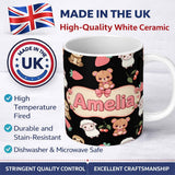 Personalized Custom Name Cute Bear Sloth Lamb Cherry Strawberry Seamless Pattern on Black 11oz Ceramic Coffee Tea Mug White Large Handle