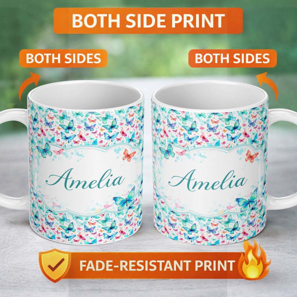Personalized Custom Name Cute Blue and Pink Butterflies with Heart Accents Seamless Pattern 11oz Ceramic Coffee Tea Mug White Large Handle
