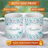 Personalized Custom Name Cute Blue and Pink Butterflies with Heart Accents Seamless Pattern 11oz Ceramic Coffee Tea Mug White Large Handle