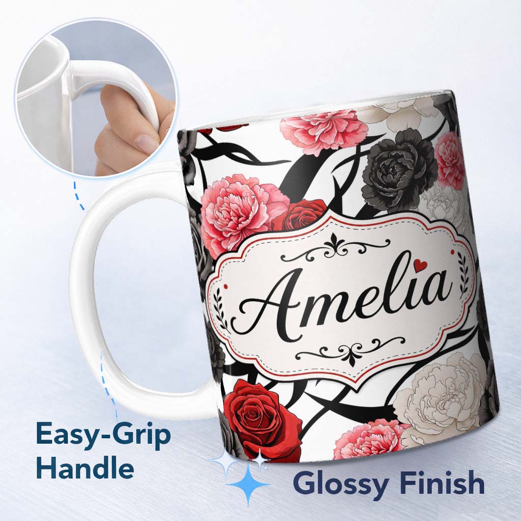 Personalized Custom Name Elegant Rose Floral with Black Red and White Flowers on Light Grey 11oz Ceramic Coffee Tea Mug White Large Handle