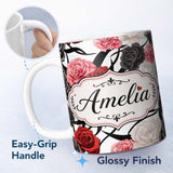 Personalized Custom Name Elegant Rose Floral with Black Red and White Flowers on Light Grey 11oz Ceramic Coffee Tea Mug White Large Handle