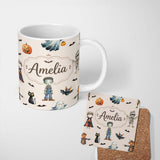 Personalized Custom Name Halloween Zombie Mummy Vampire and Bat Characters Beige Background 11oz Ceramic Coffee Tea Mug White Large Handle