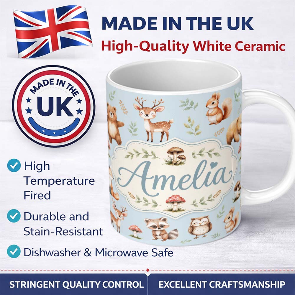 Personalized Custom Name Forest Animals Bear Deer Fox Owl Raccoon on Soft Blue Seamless 11oz Ceramic Coffee Tea Mug White Large Handle