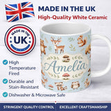 Personalized Custom Name Forest Animals Bear Deer Fox Owl Raccoon on Soft Blue Seamless 11oz Ceramic Coffee Tea Mug White Large Handle
