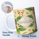 Personalized Custom Name Cute Jungle Animals Lion Tiger Leopard Light Grey Background Lovely 11oz Ceramic Coffee Tea Mug White Large Handle