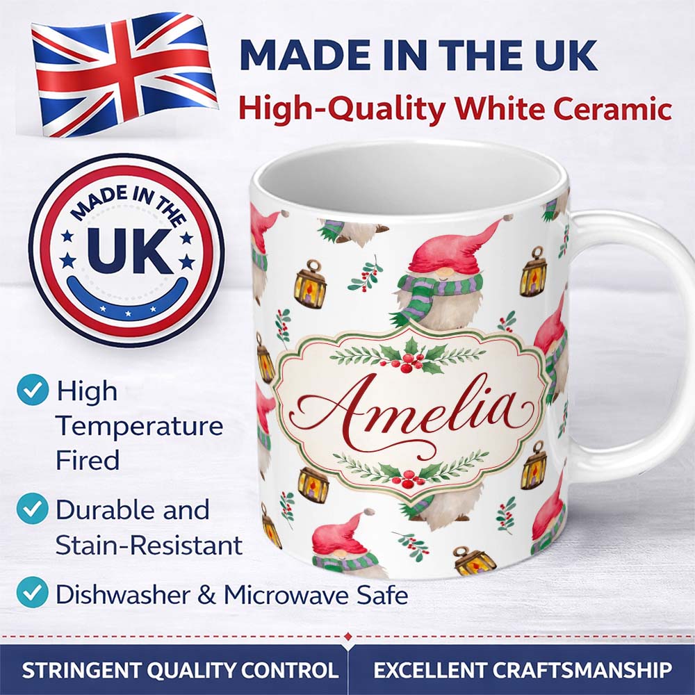 Personalized Custom Name Cute Christmas Gnome Lantern Winter Holiday Seamless Pattern Lovely 11oz Ceramic Coffee Tea Mug White Large Handle