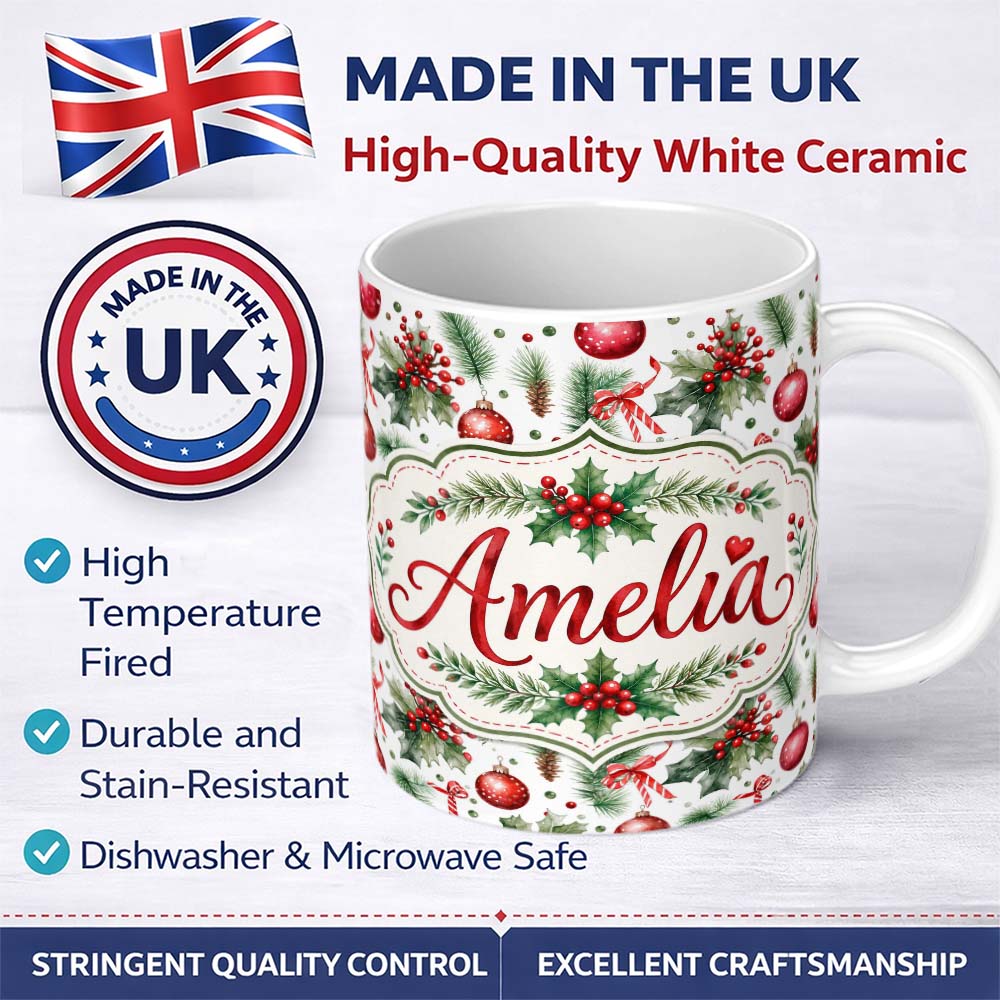 Personalized Custom Name Watercolor Holly Leaves Red Berries Baubles Festive Seamless Pattern 11oz Ceramic Coffee Tea Mug White Large Handle