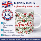 Personalized Custom Name Watercolor Holly Leaves Red Berries Baubles Festive Seamless Pattern 11oz Ceramic Coffee Tea Mug White Large Handle