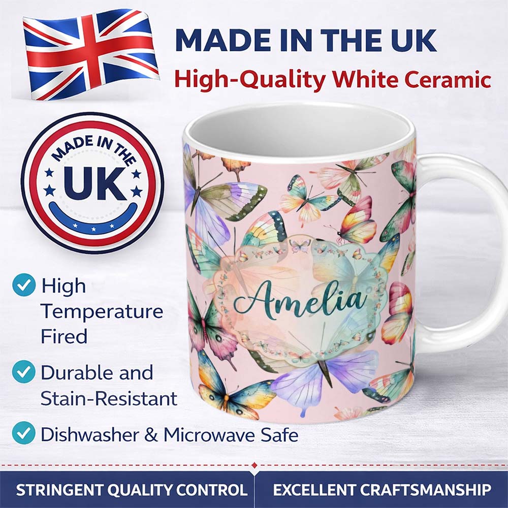 Personalized Custom Name Pastel Watercolor Butterflies Soft Pink Background Seamless Pattern 11oz Ceramic Coffee Tea Mug White Large Handle