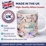 Personalized Custom Name Pastel Watercolor Butterflies Soft Pink Background Seamless Pattern 11oz Ceramic Coffee Tea Mug White Large Handle