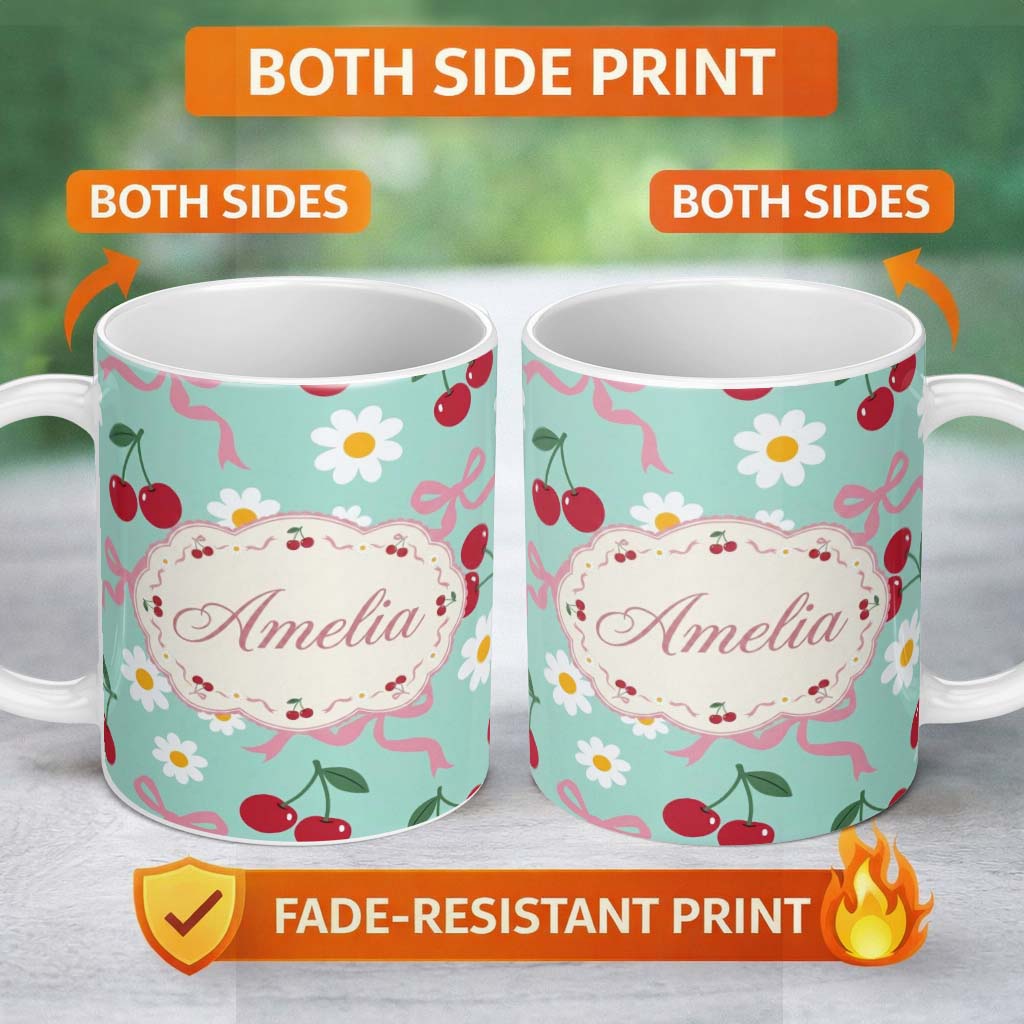 Personalized Custom Name Cute Cherry Bow and Daisy Seamless Pattern on Teal Cute Unique Gift 11oz Ceramic Coffee Tea Mug White Large Handle