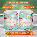 Personalized Custom Name Cute Cherry Bow and Daisy Seamless Pattern on Teal Cute Unique Gift 11oz Ceramic Coffee Tea Mug White Large Handle