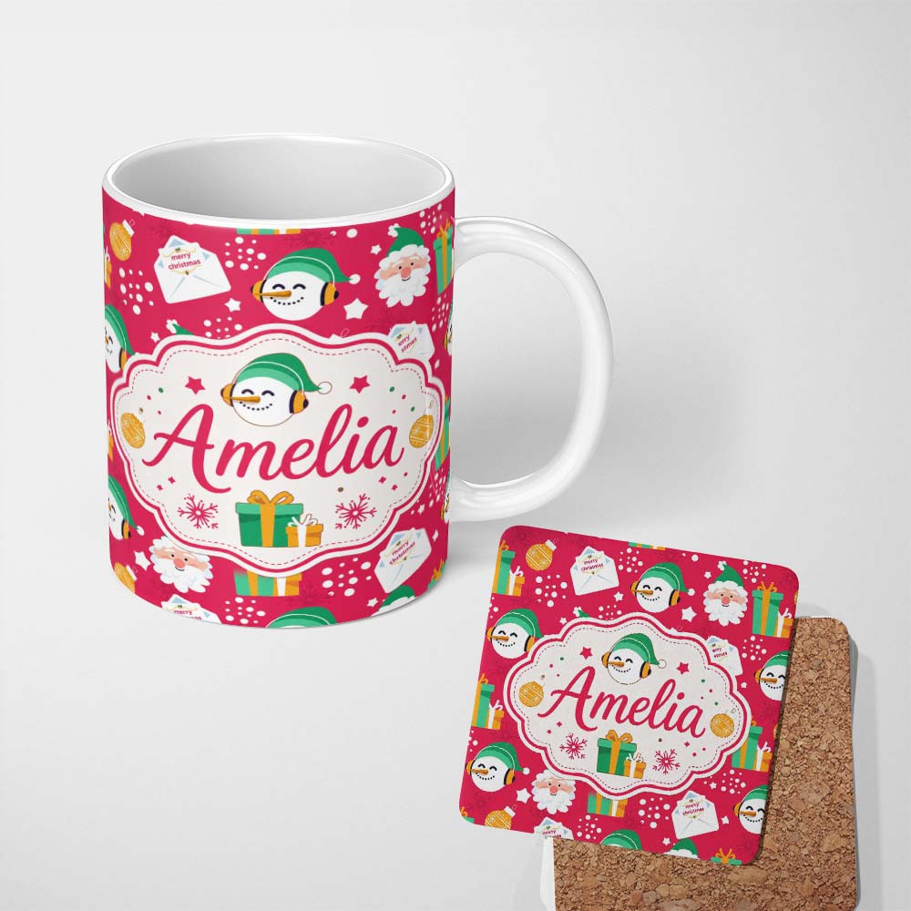 Personalized Custom Name Cute Santa Snowman Gift Merry Christmas Seamless Pattern Lovely 11oz Ceramic Coffee Tea Mug White Large Handle