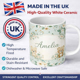 Personalized Custom Name Teddy Bear Floral Nursery Pattern Blue Background Seamless Lovely 11oz Ceramic Coffee Tea Mug White Large Handle