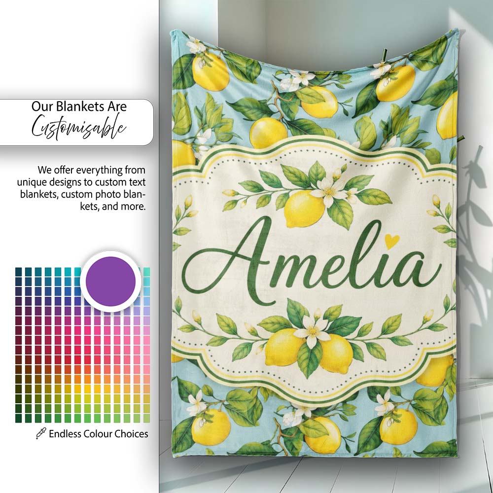 Vintage Lemon Tree Branches on Blue Background Botanical Seamless  Personalised Custom Name Super Soft Fleece Blanket Bed Sofa Throw